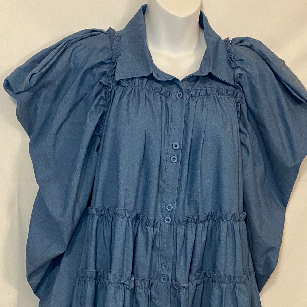 Chic Denim Blue Dress with Puff Sleeves